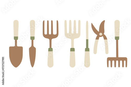 Assortment of essential gardening tools including shovel, trowel, forks, shears, and rake