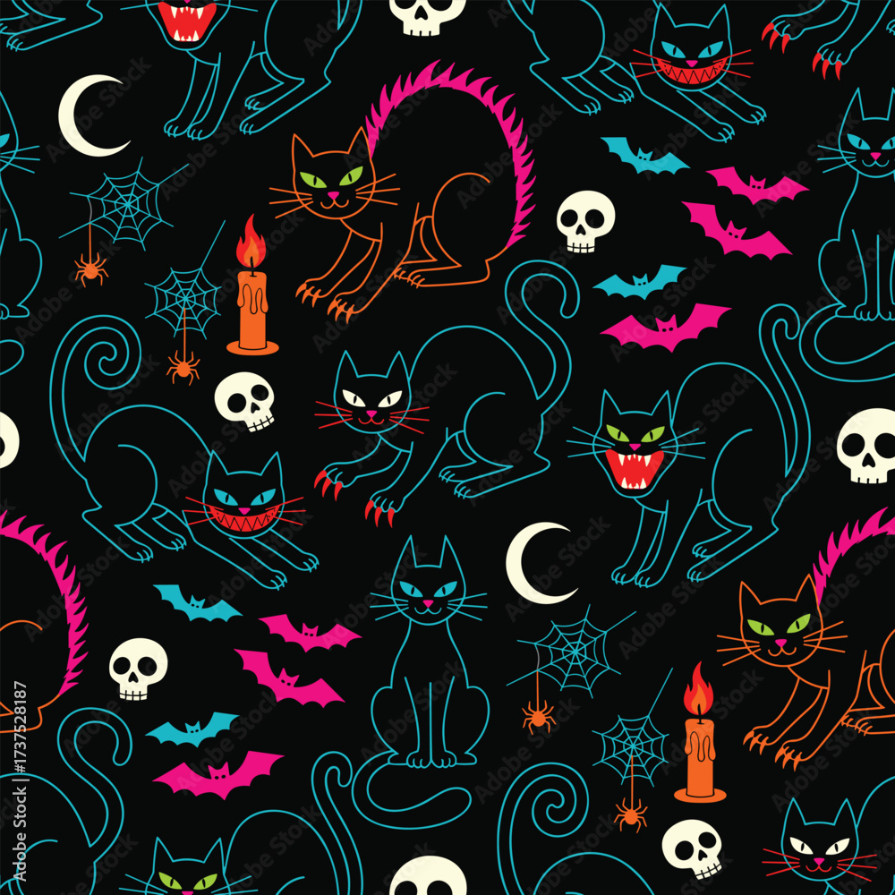 Fototapeta premium Seamless Halloween black cat pattern spooky dark neon decoration vector