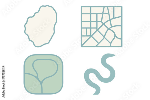 Various shapes represent geographical features and mapping elements for design and educational purposes