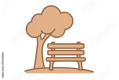 Minimalist park bench and tree icon representing outdoor relaxation and nature