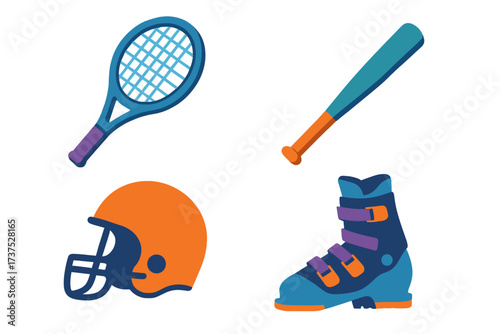 Collection of sports equipment including tennis racket, baseball bat, football helmet, ski boot