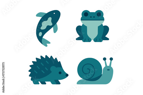 Colorful illustrations of aquatic and terrestrial animals including a fish, frog, hedgehog, and snail on a simple background