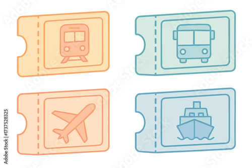 Set of public transportation tickets for various travel modes including train, bus, plane, and ship