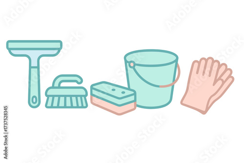 Essential household cleaning tools including a squeegee, brush, sponge, bucket, and gloves