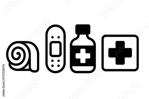 Medical supplies displayed in a simple arrangement featuring bandages, medicine bottle, and first aid kit symbol