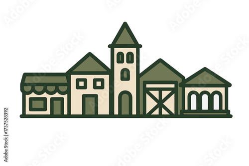 Charming village scene with quaint buildings and a tower in a simple artistic style