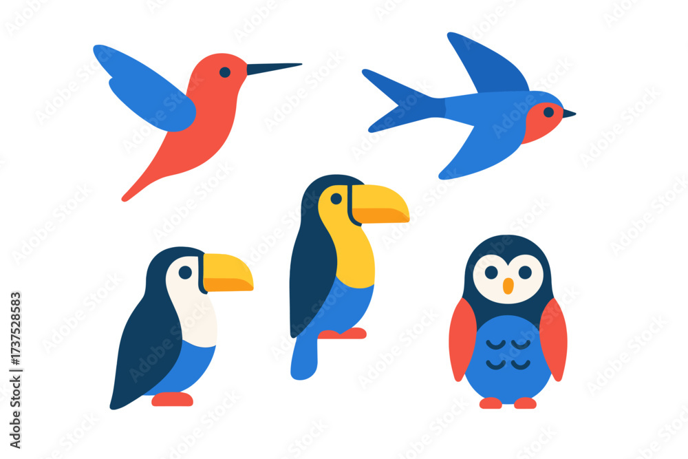 Fototapeta premium Diverse set of stylized birds including hummingbird, swallow, toucan, and puffin