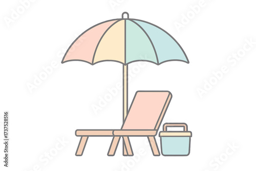 Summer beach vacation setup with colorful striped umbrella, comfortable lounge chair, and cooler