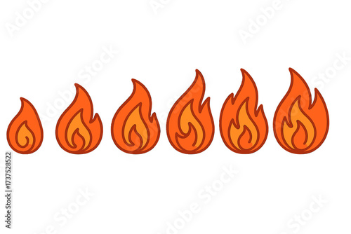 Colorful flames in a row, representing fire with different sizes and shapes, perfect for designs and graphics