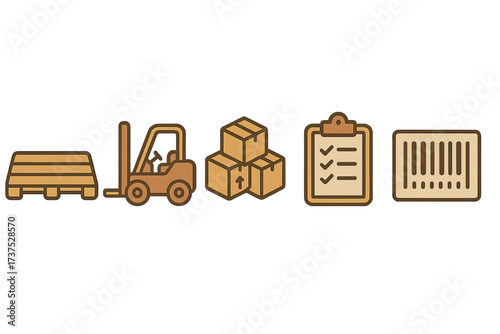 Supply chain management elements featuring a pallet, forklift, boxes, and barcode