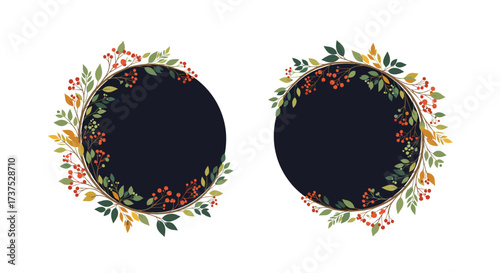 Two dark circular frames adorned with a vibrant assortment of autumn leaves and berries.