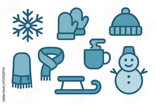 Collection of winter items including snowflake, mittens, hat, scarf, mug, sled, and snowman