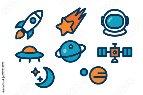 Astronomy and cosmic exploration symbols with planets, rockets, and astronaut equipment
