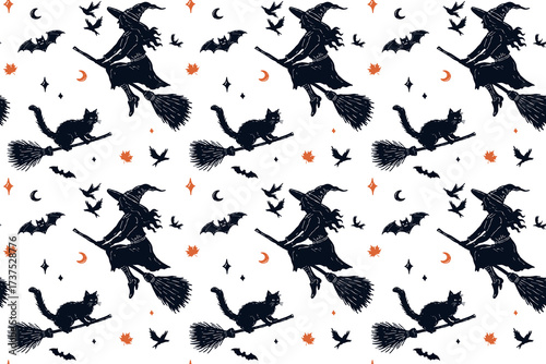 Seamless vector Halloween pattern with hand drawn witch and cat on broomsticks, bats, moon, and stars in black silhouettes with orange accents. For holiday and seasonal projects