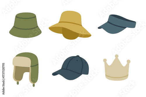 Various hat styles including bucket hats, visors, and a crown showcased against a simple background for fashion inspiration