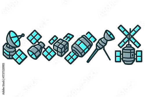 Modern space technology icons featuring communication satellites and radar dishes
