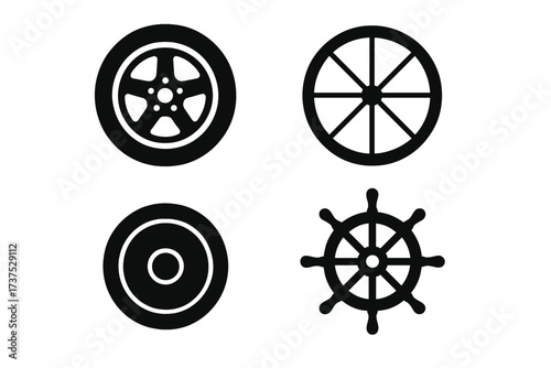 Various types of wheels and a ship's wheel design presented in a simple and clean layout
