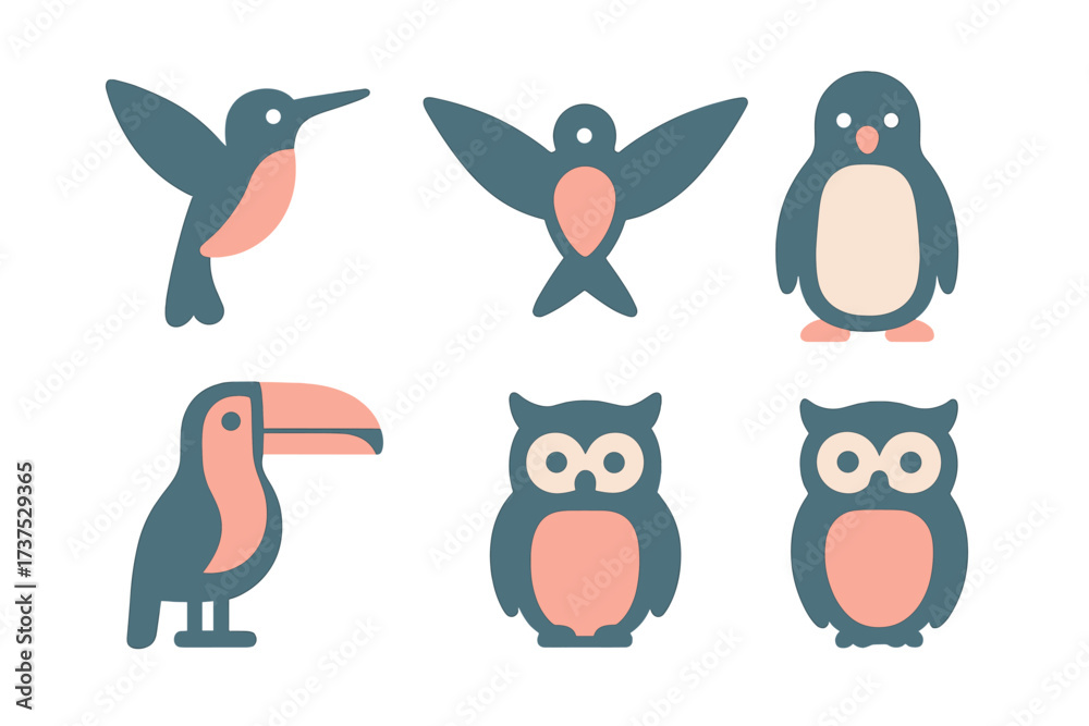 Fototapeta premium Cute stylized bird icons collection with hummingbird, penguin, toucan, and owls