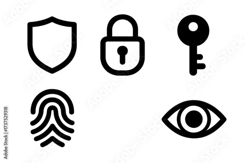 Digital security and privacy icons set with shield, padlock, key, fingerprint, and eye symbols