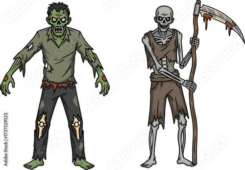 Cartoon zombie and skeleton illustration, scary undead monsters, creepy Halloween artwork, horror graveyard creatures, spooky walking dead figures, undead apocalypse fantasy design