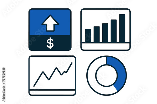 Financial data analysis and business growth icons with charts and graphs