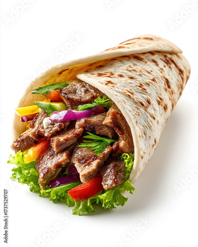 shawarma wrap with grilled meat and vegetables, isolated on white background