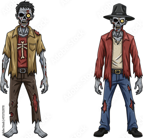 Cartoon zombie characters, creepy undead monsters, scary walking dead illustration, spooky horror artwork, bloody skeleton design, Halloween evil creatures, nightmare apocalypse drawing