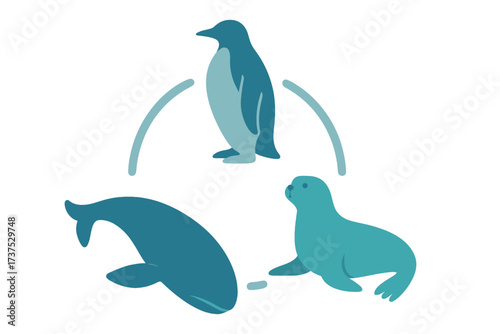 Arctic marine animals ecosystem concept with penguin, whale, and seal