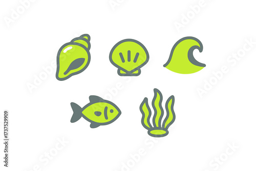 Collection of stylized marine life and ocean elements icons in a modern flat design