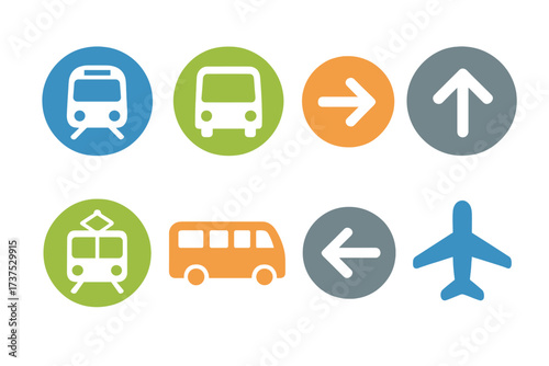 Public transportation and directional arrow icons for travel and navigation