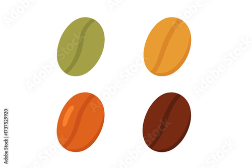 Assortment of coffee beans depicting the roasting process from raw green to dark roasted