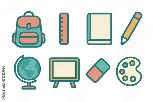 School supplies and tools arranged neatly for a classroom setting and learning environment
