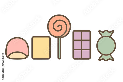 Colorful candy collection with a lollipop, chocolate, and various sweet treats displayed in a fun layout