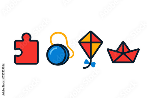 Colorful toys including a puzzle piece, yo-yo, kite, and paper boat for children's playtime activities