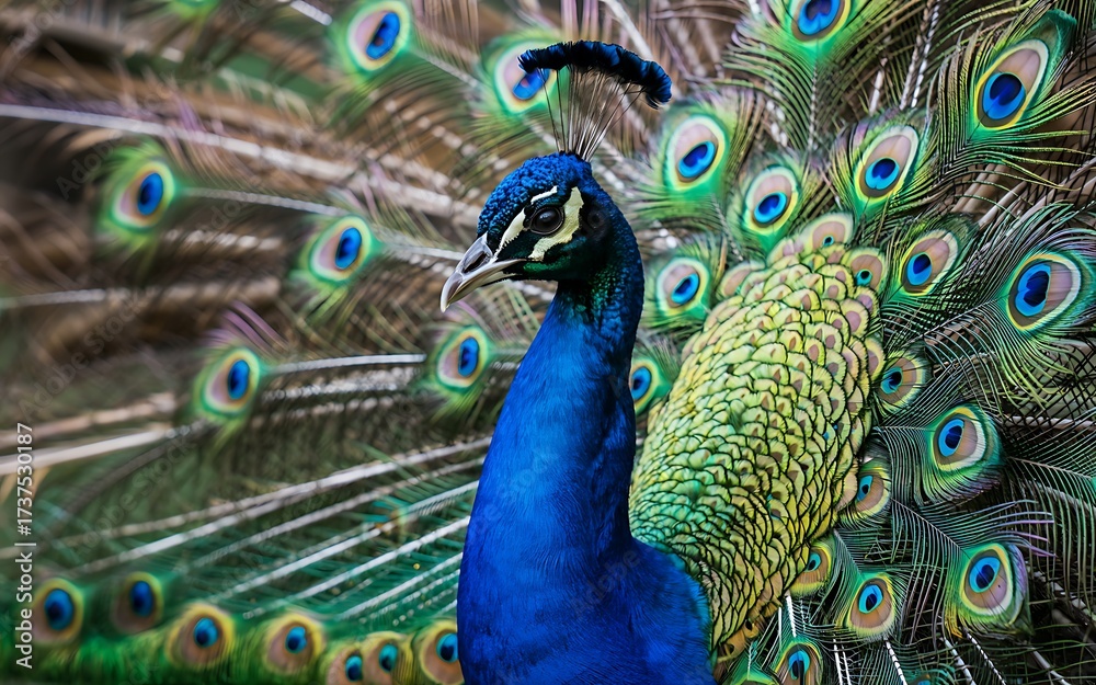 Obraz premium Majestic peacock displays vibrant iridescent plumage in close-up portrait