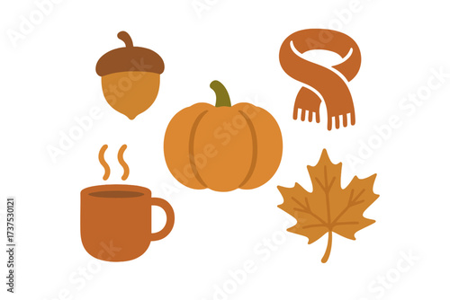 Collection of autumn season elements including pumpkin, acorn, maple leaf, warm scarf, and hot drink mug