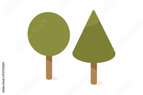 Two stylized green trees with distinct round and conical canopies on a clean white background