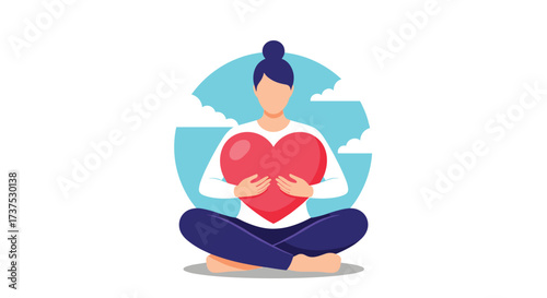 Woman meditating holding a large red heart in her lap.
