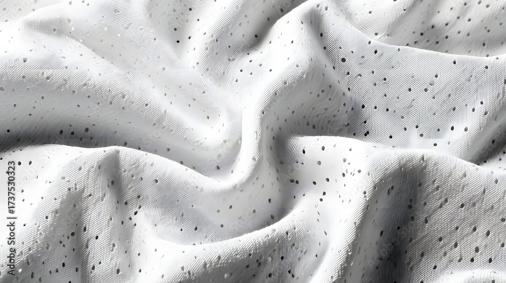 Obraz premium Detailed captures white fabric with small perforations, showcasing a soft texture and delicate folds with subtle shadows.