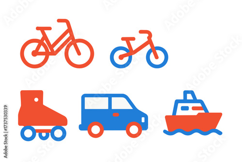 Diverse collection of transportation icons symbolizing travel, movement, and mobility