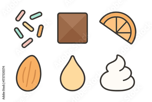 Colorful dessert toppings including chocolate, nuts, and cream ready for decoration