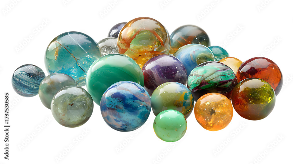 Fototapeta premium A collection of colorful glass marbles isolated on transparent background