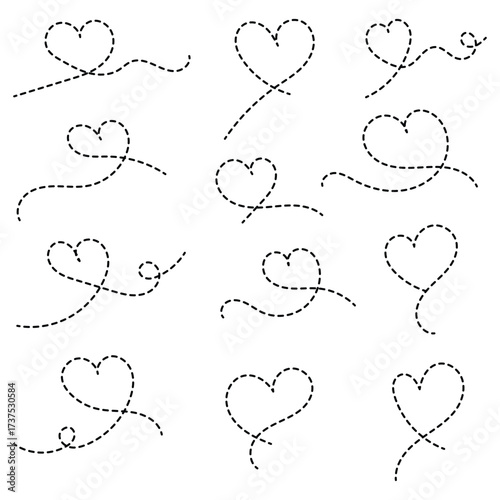 Dotted line heart path. Set of love decorative elements, romantic dashed lines for Valentine's Day, for wedding or anniversary. Wavy Dashed Curvy Line, Loopy Squiggle Path, Decorative Wave Border.