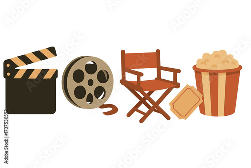 Cinema production and movie watching elements with film reel clapperboard popcorn