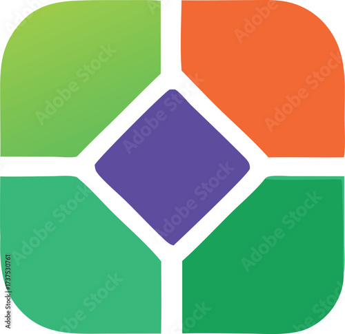 Vibrant geometric logo design featuring intersecting quadrants and a central diamond shape in bold colors