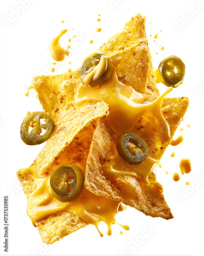 nachos with melted cheese and jalapenos, isolated on white background