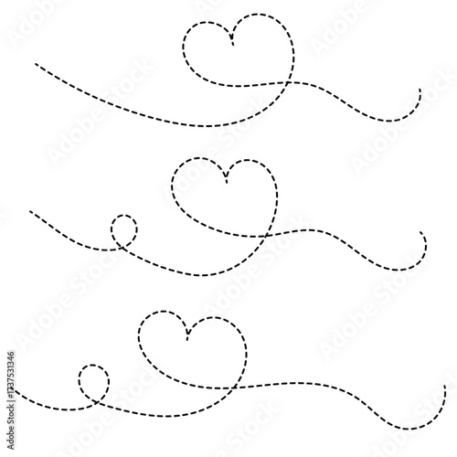 Dotted line heart path. Set of love decorative elements, romantic dashed lines for Valentine's Day, for wedding or anniversary. Wavy Dashed Curvy Line, Loopy Squiggle Path, Decorative Wave Border.