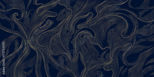 Abstract luxury vector background, golden wave lines, flowing contours, marble texture, organic topography, nature. Wine label, modern banner, decorative poster, premium graphic