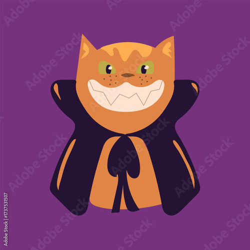 A Halloween Vector Illustration of An Orange Cat Wearing A Dracula or Vampire Cape With A Huge Smile on It's Face