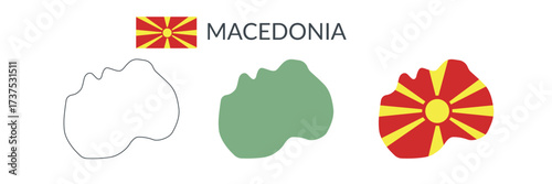Macedonia country geographical borders isolated on white background. Flag of Macedonia. Vector flat cliparts.